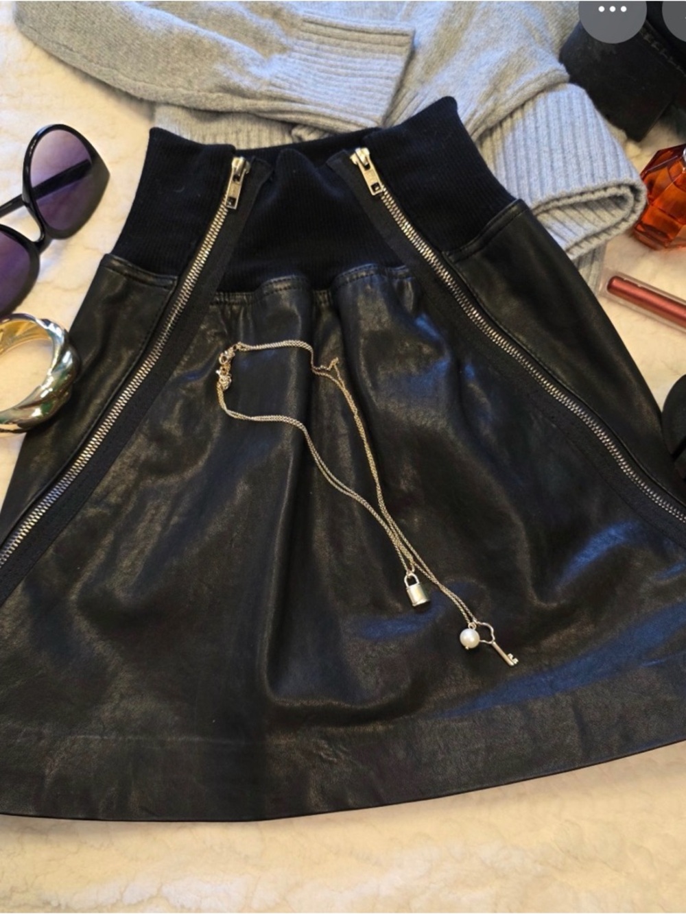 Black theory leather Skirt with Ribbed Waistband